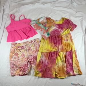 Girls Summer Lot 4pc Size 10/12 Dress Shorts Bikini Tops Pink Floral Tie Dye